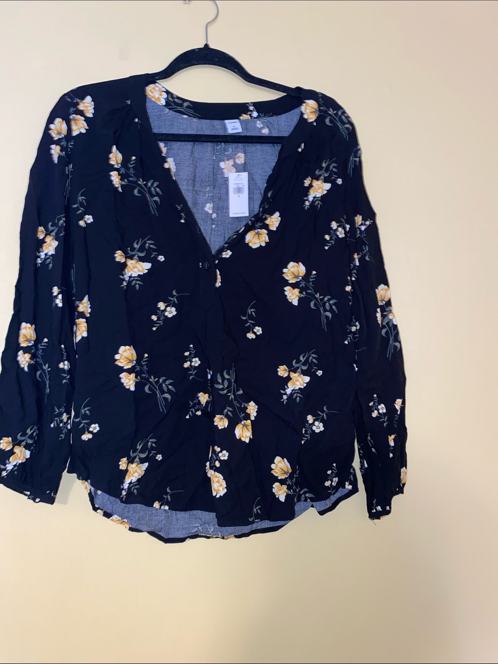 Old Navy Black Floral V-Neck Blouse with Yellow Blossoms